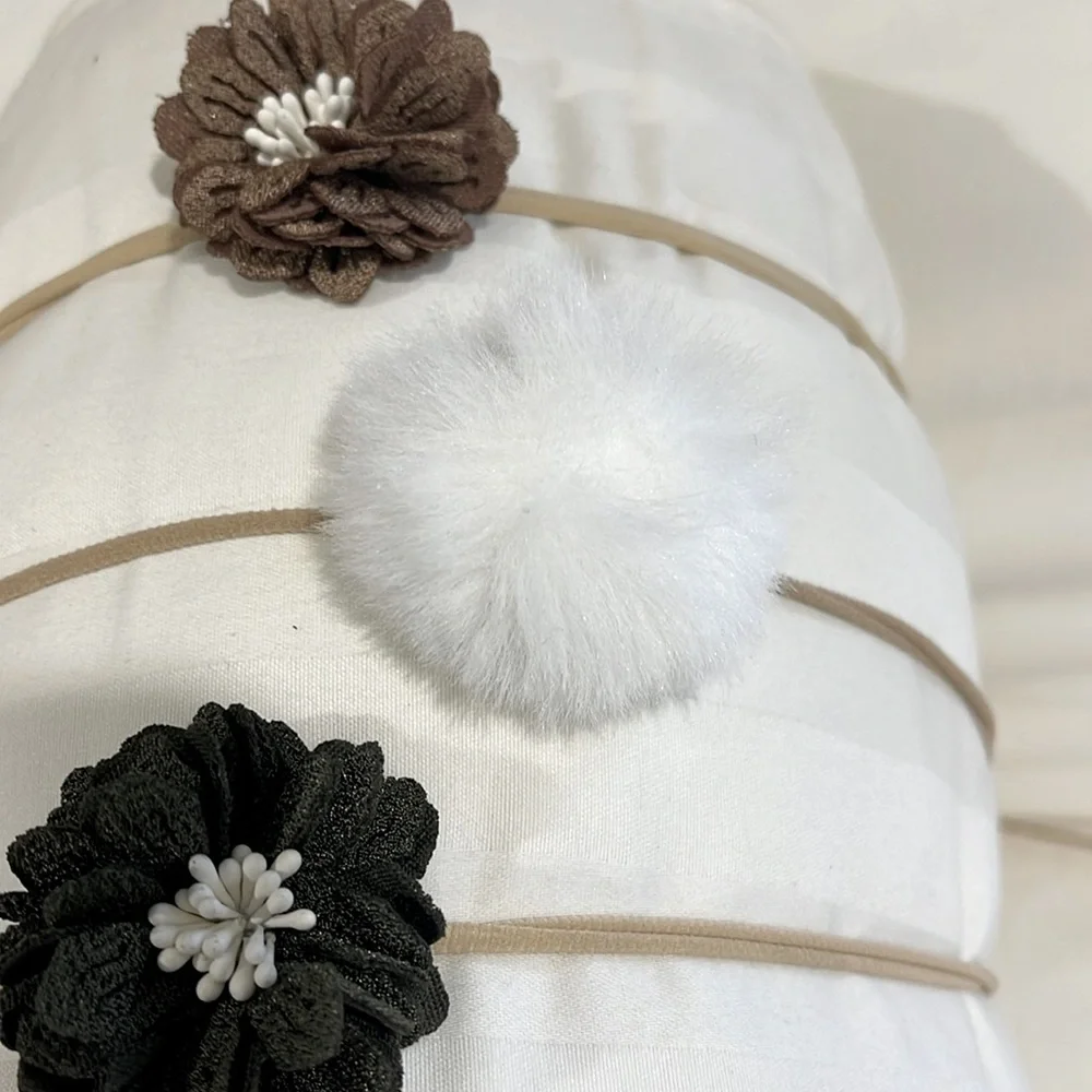 SET OF 3 NEUTRAL TONE FLOWERS AND WHITE FAUX FUR PUFF HEADBANDS